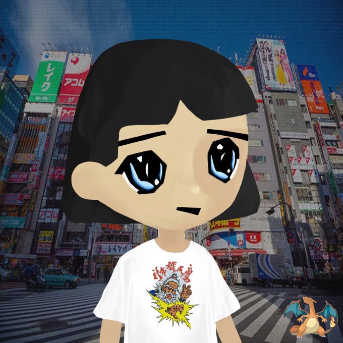 An anime-style avatar of a girl with short black hair and large blue eyes wearing a t-shirt featuring a dragon design, set against a Tokyo street background with Japanese signage and a small Charizard Pokémon in the corner.