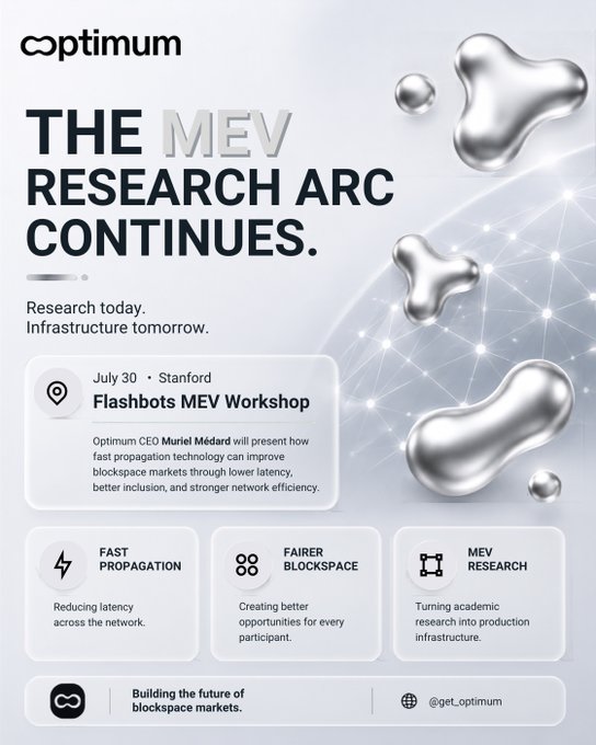 Optimum promotional poster announcing 'THE MEV RESEARCH ARC CONTINUES' with details about a Flashbots MEV Workshop at Stanford on July 30, featuring CEO Muriel Médard presenting on fast propagation technology.
