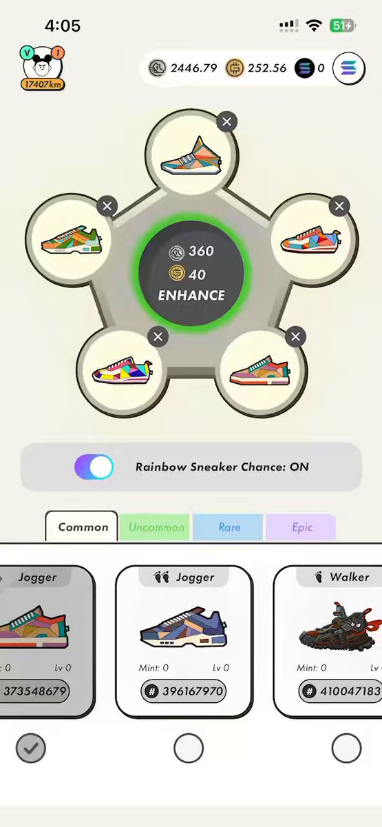 The image shows a phone screen displaying an app interface with several options for choosing shoes, including rainbow sneakers. The app has a green circle that says "Enchant" at its center, indicating that there are multiple shoe choices available. There are also descriptions of each shoe option provided on the screen to help users make their selections.