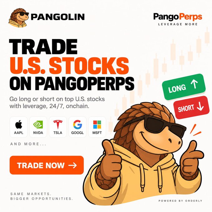 An advertisement for PangoPerps featuring a cartoon pangolin in sunglasses, promoting leveraged trading of U.S. stocks like AAPL, NVDA, TSLA, GOOGL, and MSFT.