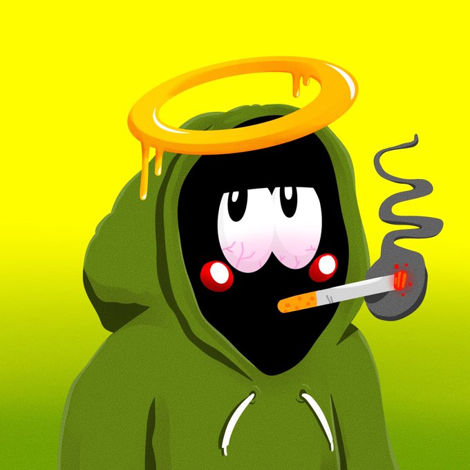 A cartoon character in a green hoodie with a glowing yellow halo, bloodshot eyes, and a cigarette in its mouth against a bright yellow background.