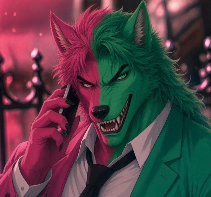 An anime-style illustration of a humanoid wolf character split down the middle with pink and green fur, wearing a suit and snarling while talking on a phone.