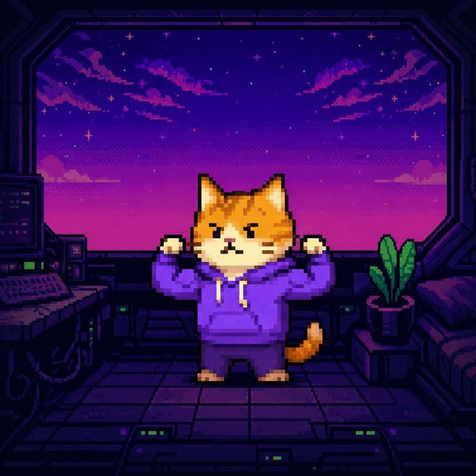 A pixel art image shows a grumpy-looking orange cat wearing a purple hoodie, standing in a sci-fi room with a large window looking out onto a purple starry sky.