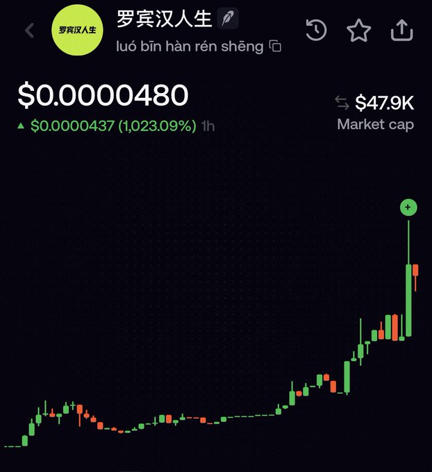 A cryptocurrency chart showing the token "罗宾汉人生" (luó bīn hàn rén shēng) priced at $0.00000480, up 1,023.09% (1h) with a market cap of $47.9K, displaying a candlestick pattern with a sharp recent price spike.