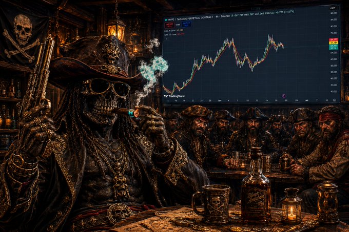 The image features a skull sitting at a table with a beer bottle, surrounded by other skulls. A large screen displays a stock chart or graph, possibly related to the stock market. The text "HYPE" can be seen in the image as well.