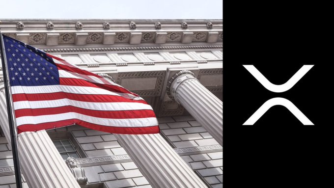 An American flag waves in front of a neoclassical building with large columns alongside the XRP logo, visually tying the growth of tokenized U.S. Treasuries on the XRP Ledger to the broader U.S. financial system.