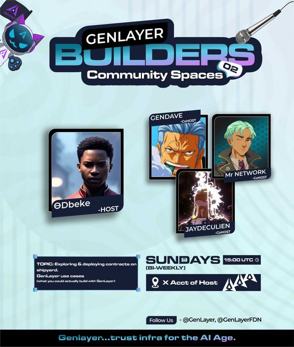 The image features a poster for an event called "Genlayer Builders Community Spaces", which appears to be a gathering of people interested in building things together, possibly as part of a gaming community or a collaborative project. The poster includes three different faces, each representing a different character from a video game. These characters are shown with various expressions and postures, showcasing the diversity of their roles within the game. The poster also provides information about the event, including details such as the date, time, location, and the name of the event (Genlayer Builders Community Spaces).
