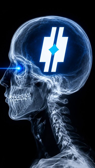 An X-ray style side profile of a human skull with a glowing blue 'H' logo inside the brain area.