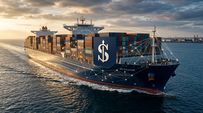 A large container ship at sea with a dollar sign symbol overlaid and a network/polygon graphic, suggesting global trade or financial logistics.
