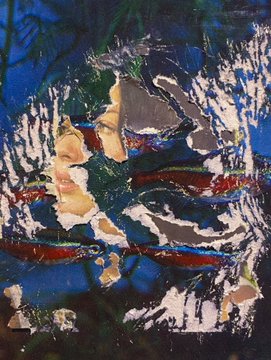 An abstract painting featuring textured brushstrokes in blues, whites, browns, and greens with visible drips and thick paint application.