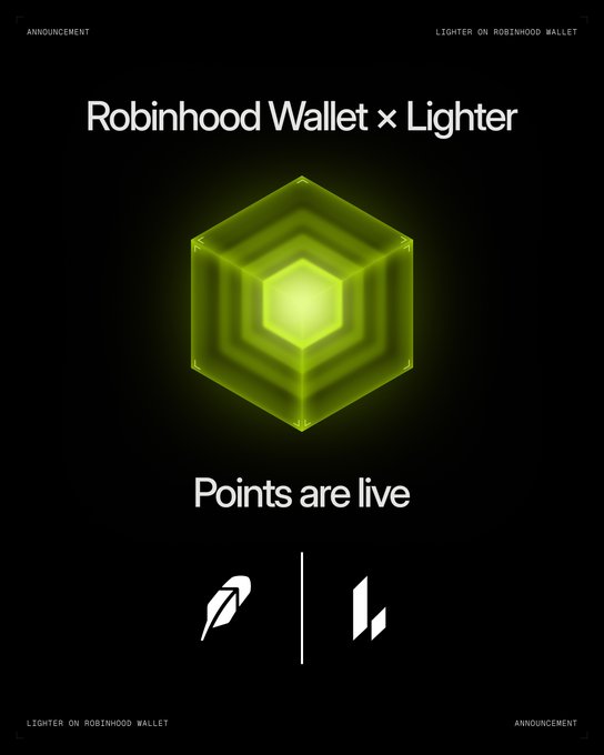 The image is a black announcement graphic featuring a glowing green hexagon logo with the text "Robinhood Wallet x Lighter — Points are live" and both companies' logos at the bottom. It relates to the post by announcing that Lighter is now available on Robinhood Wallet with a points-based incentive system, supporting the post's message about earning 2x points through the Robinhood network for the $LIT airdrop.