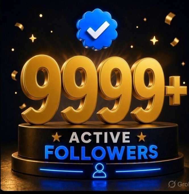 A celebratory 3D graphic displaying "9999+ ACTIVE FOLLOWERS" in golden numbers on a pedestal, topped with a blue verified checkmark badge.