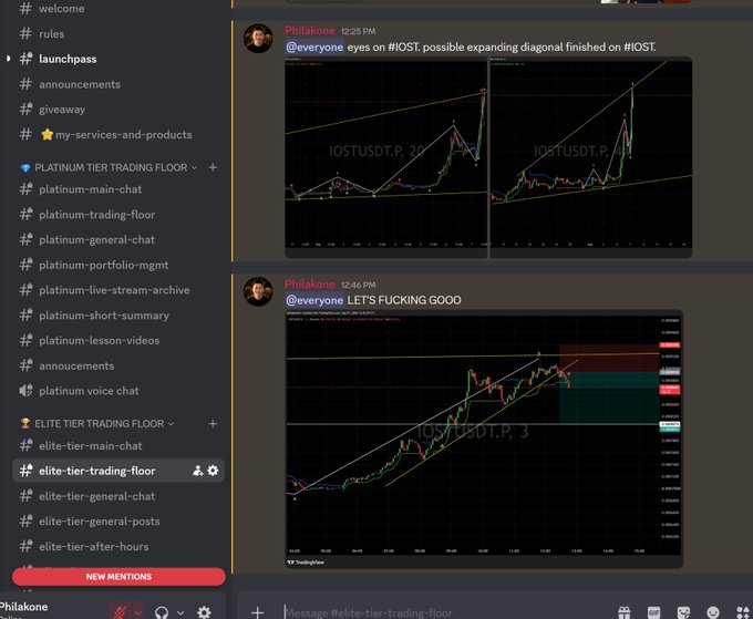 A Discord server interface for "Philakone's" trading community displays channels for a Platinum Tier Trading Floor and Elite Tier Trading Floor, with posts showing technical analysis charts for the IOST/USDT.P pair, including a "possible expanding diagonal finished on #IOST." The posts also feature enthusiastic commentary ("LETS FUCKING GOOO"), supporting the accompanying promotional message about daily trade hunting and learning.