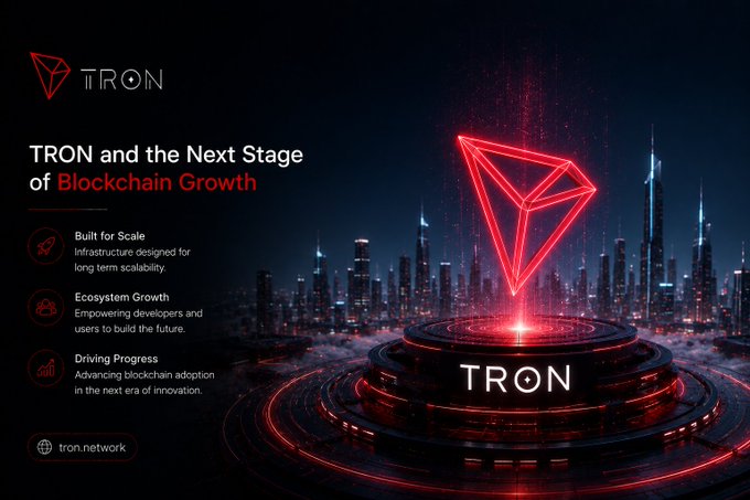 A promotional graphic for TRON titled "TRON and the Next Stage of Blockchain Growth," highlighting Built for Scale, Ecosystem Growth, and Driving Progress with tron.network.