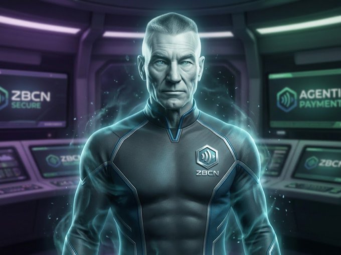 A digital artwork depicts a stern-looking, glowing man in a dark futuristic uniform with 'ZBCN' branding, standing in a sci-fi control room with screens labeled 'ZBCN SECURE' and 'AGENTI PAYMENT'.