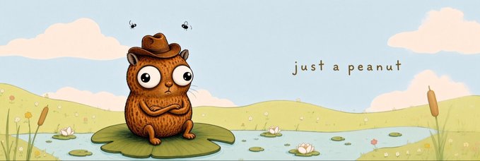 A cute cartoon illustration of a peanut character with big eyes and a cowboy hat sitting on a lily pad in a pond, captioned 'just a peanut.'