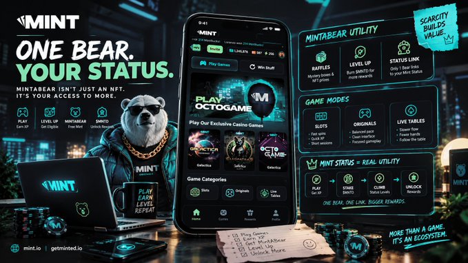 An advertisement for 'MINT' featuring a bear mascot wearing a gold chain, promoting 'MINTABEAR' NFT utility with features like Play Games, Level Up, and Raffles, alongside a smartphone interface displaying the 'MINT' app.