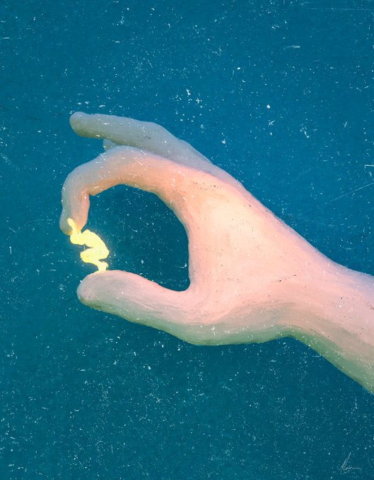 A close-up of a sculpted pinkish hand forming a 'C' shape with the thumb and index finger, holding a small yellow piece, set against a textured blue background.