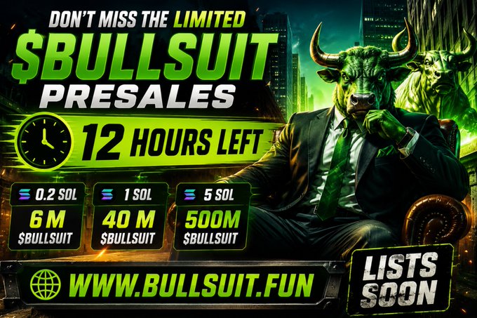 A promotional graphic for the $BULLSUIT presale featuring a suited bull-headed character, displaying "12 HOURS LEFT" countdown with three Solana purchase tiers (0.2 SOL = 6M, 1 SOL = 40M, 5 SOL = 500M $BULLSUIT), directing viewers to bullsuit.fun. The image visually reinforces the post's urgent presale announcement with matching pricing tiers and the green bull-themed branding that emphasizes the limited-time 1000x coin opportunity.