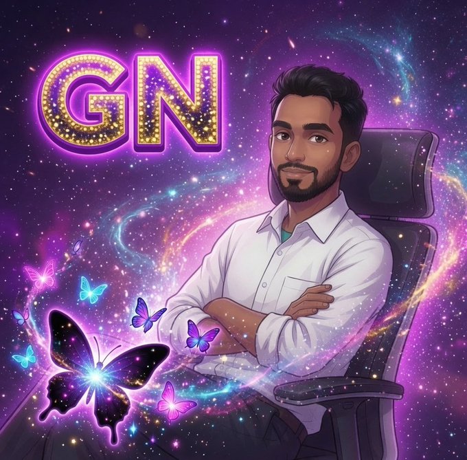 Digital avatar illustration of a young man with crossed arms in a white shirt, with glowing 'GN' text and colorful butterflies set against a purple cosmic galaxy background.