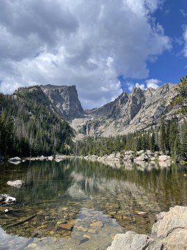 A scenic mountain landscape featuring a clear alpine lake with rocky shore in the foreground, evergreen trees lining the banks, and dramatic rocky peaks under a partly cloudy blue sky.