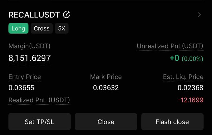 A trading app interface showing a RECALL/USDT Long position with margin of 8,151.6297 USDT, entry price 0.03655, mark price 0.03632, and realized PnL of -12.1699 USDT.