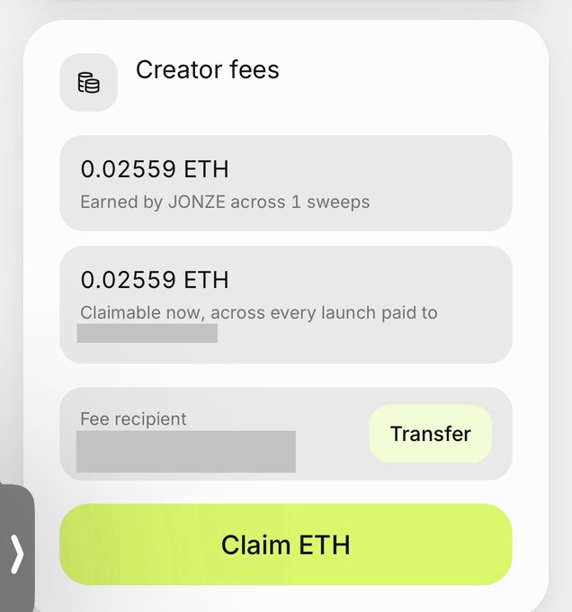 The image shows a "Creator fees" dashboard displaying earnings of 0.02559 ETH earned by JONZE across 1 sweep, with a "Claim ETH" button and a "Transfer" option for the fee recipient. It illustrates the post's claim about earning free money in ETH, showcasing a small portion of the user's crypto earnings from creator fees.