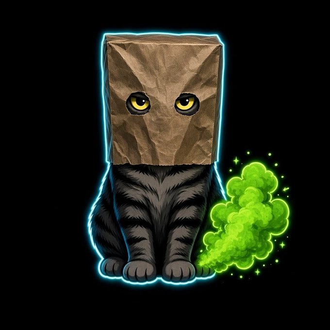 A digital illustration of a black cat with a crumpled brown paper bag over its head, featuring yellow eyes and emitting green glowing fumes, outlined in neon blue.