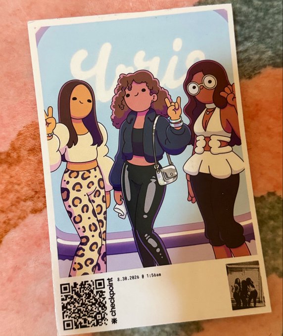 A receipt-style card with a cartoon illustration of three women, branded with 'Unnie' text, dated 8.30.2026 at 1:56am, with a checkoutpoint QR code.