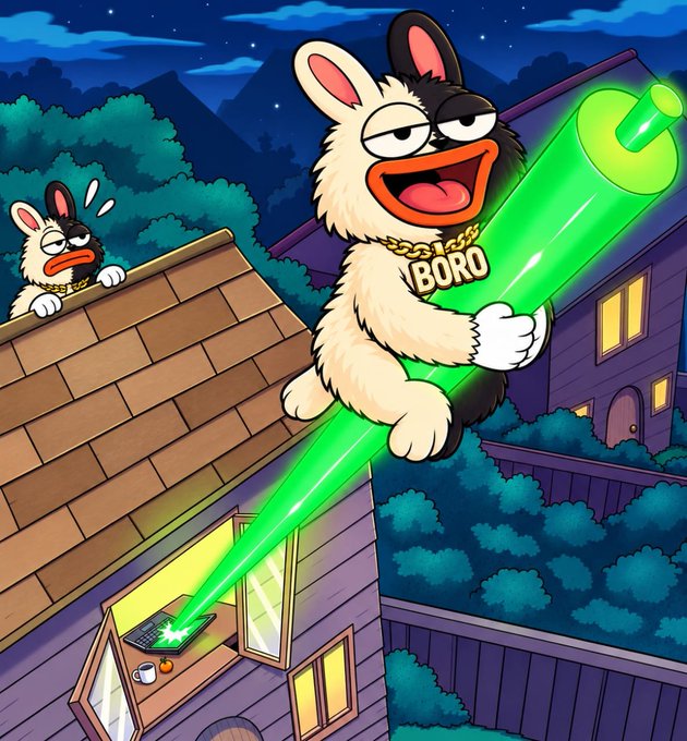 A cartoon rabbit wearing a gold chain labeled "BORO" rides a giant glowing green laser beam through a suburban night scene, while another smaller, startled rabbit peeks over a rooftop watching. Below, the laser cuts into a house where a laptop glows on a desk, visually illustrating the post's call to "Submit Your $SOL Wallet Address" for a "#SOL #Airdrop"—the imagery humorously framing the "free" giveaway as a laser heist aimed straight at viewers' crypto wallets.