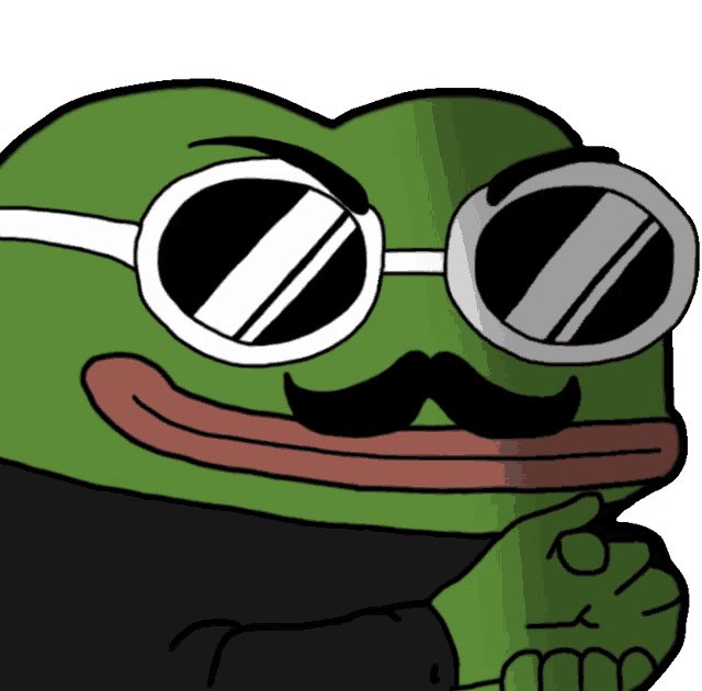 A cartoon Pepe the Frog character with a smug expression, wearing round sunglasses and a black mustache, rests his chin on his hand in a thoughtful pose.