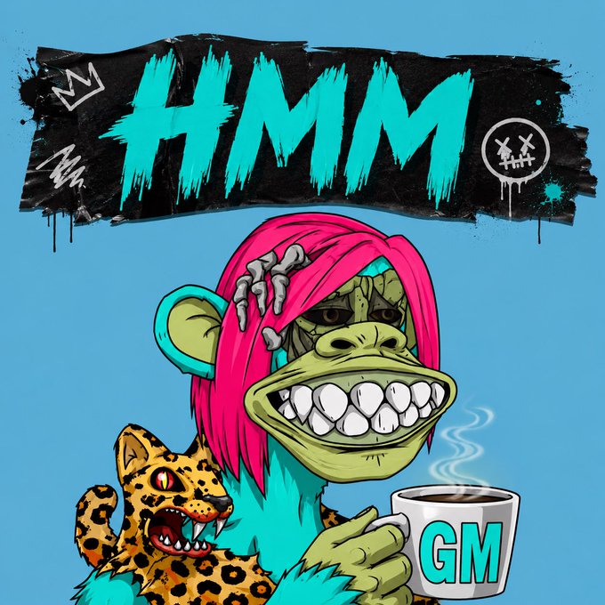A vibrant cartoon illustration featuring a green zombie-like ape character with pink hair holding a steaming coffee mug labeled 'GM', accompanied by a snarling leopard cub, with large graffiti-style 'HMM' text in the background.