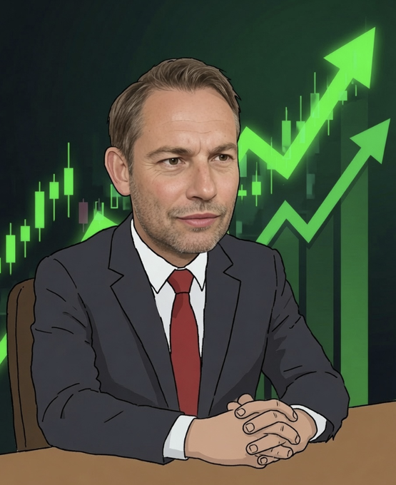 A digital illustration of a man in a black suit and red tie sitting at a desk with his hands folded, set against a background of a green stock chart with upward arrows.