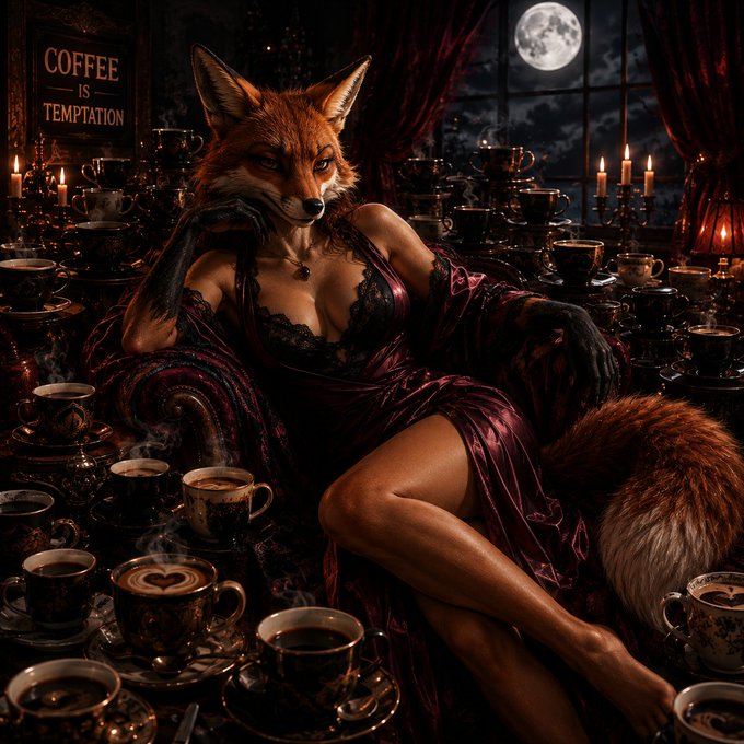 A dark, gothic digital artwork of an anthropomorphic fox-headed woman in a burgundy satin robe, seated among numerous teacups under a full moon, with a sign reading 'COFFEE IS TEMPTATION'.