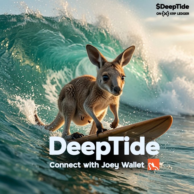 An advertisement for "$DeepTide on XRP Ledger" featuring a kangaroo surfing on a wave, with text "DeepTide - Connect with Joey Wallet."