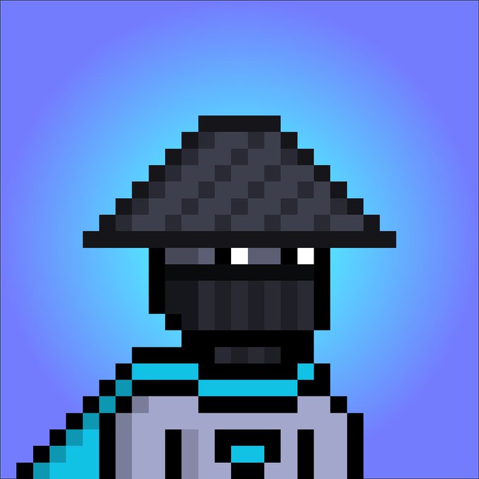 Pixel art style portrait of a dark-colored robotic or armored figure wearing a conical hat against a blue gradient background.