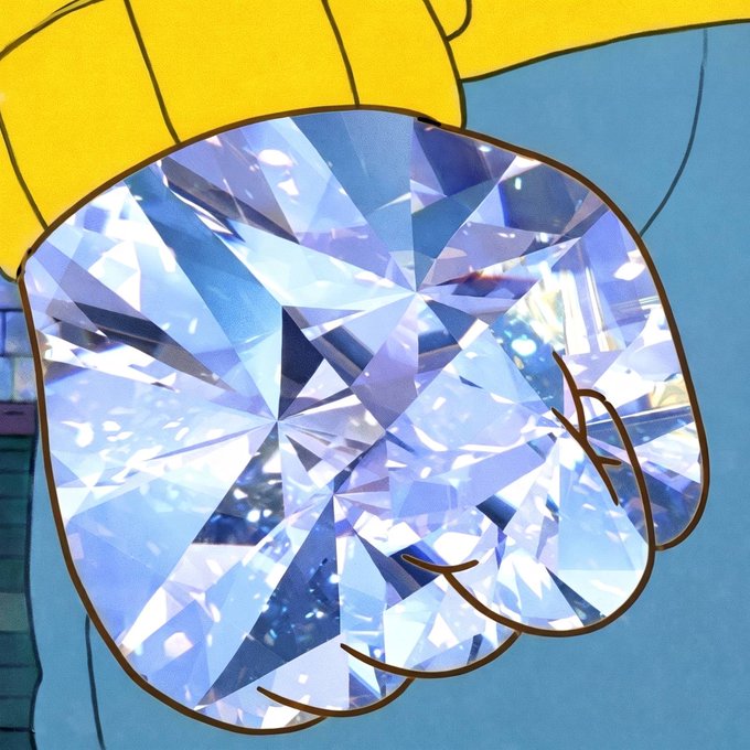 A digital artwork depicting a hand outlined in brown holding a large, sparkling diamond-shaped gem, with yellow and blue background elements.