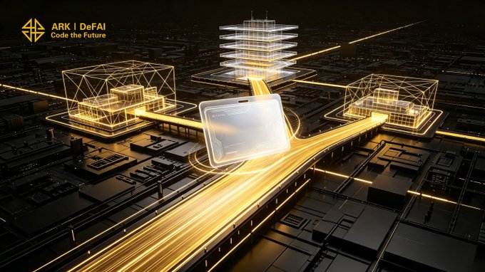 The image showcases the "ARK | DeFAI: Code the Future" branding alongside a glowing smartphone at the center of a futuristic digital cityscape, where golden light streams connect transparent building structures—visually representing how the Arkie AI App links ideas, people, and execution through its intelligent network of AI Agents.