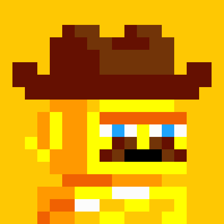A pixel art character with a blocky brown hat, yellow skin, and blue eyes, set against a solid orange background.