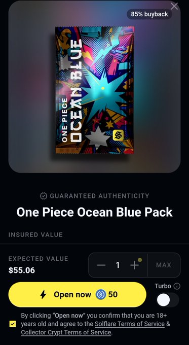 A screenshot of a mobile app displays a digital trading card pack called 'One Piece Ocean Blue Pack' with an '85% buyback' badge, an insured value section, and a yellow 'Open now' button costing $50.