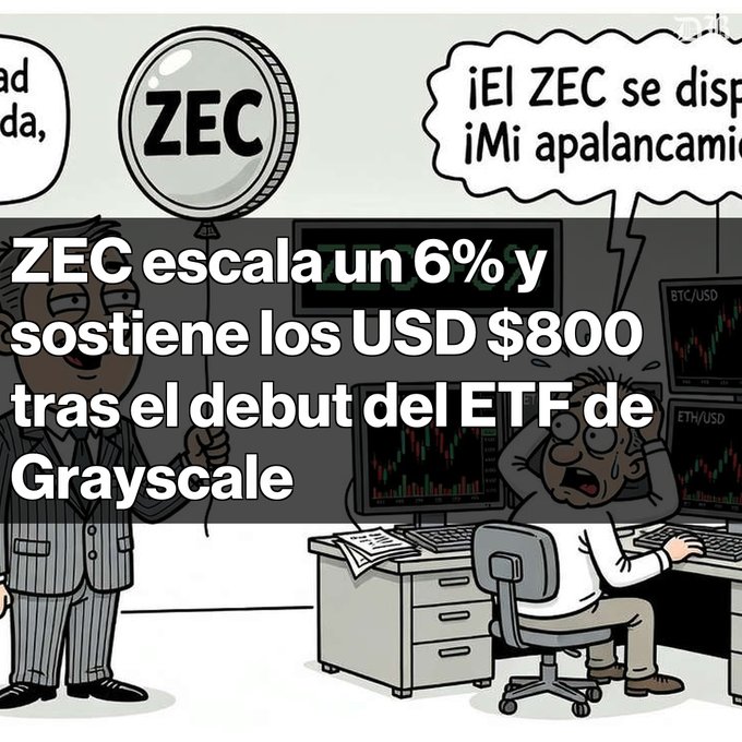 A cartoon-style crypto infographic about ZEC, with text reading 'ZEC escala un 6% y sostiene los USD $800 tras el debut del ETF de Grayscale'.