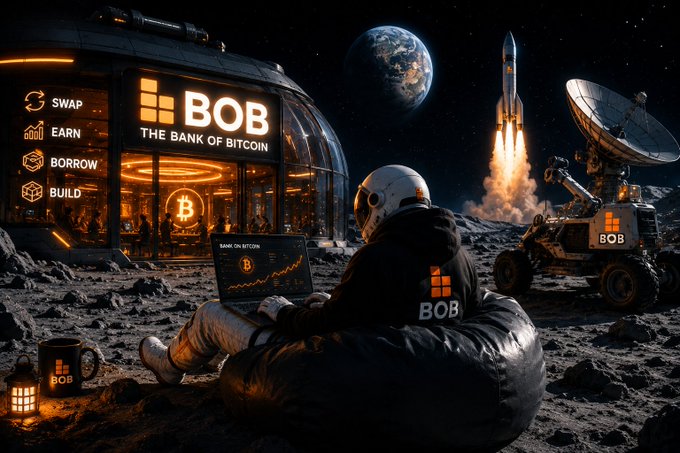The image features a man sitting inside a bean bag chair, wearing a helmet with the word "BOB" written on his back. He has a laptop open in front of him, suggesting that he might be working or studying about Bitcoin. The background shows a rocket ship and other space-related objects, indicating an interest in space exploration or technology. The post also mentions the concept of "banking without borders", which could be related to Bitcoin or another digital currency.