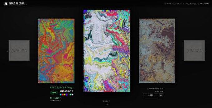 A digital art interface showing three colorful abstract NFT pieces, with the central piece titled 'BEST BEFORE No.107 LUNARCYTE' displayed as an interactive gallery.