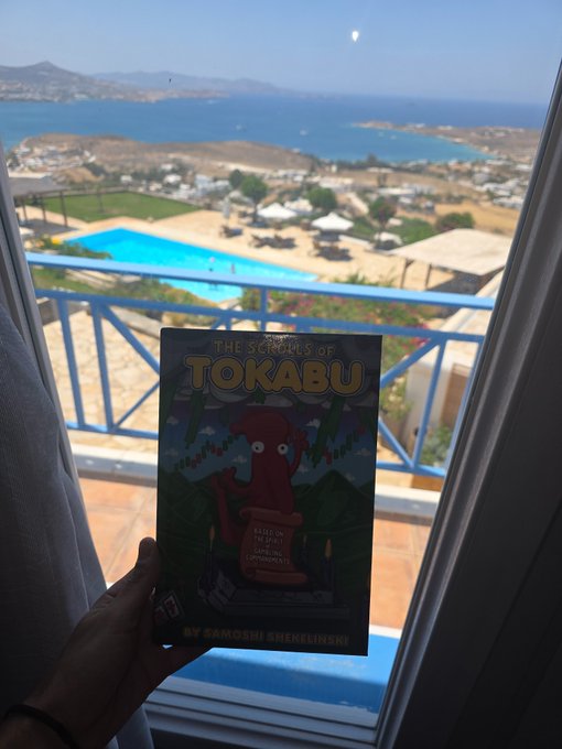 A hand holds up the book "The Scrolls of Tokabu" by Samoshi Shekelinski in front of a balcony window overlooking a stunning Mykonos seascape with pool, beach, and whitewashed island buildings. The image ties to the post by showcasing the author's book enjoyed against the backdrop of the Mykonos setting referenced in the caption.