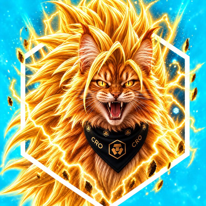 A digital illustration features a fierce, roaring golden cat-like creature with lightning effects, wearing a black bandana with 'CRO' text, set against a bright blue background with a hexagonal emblem.