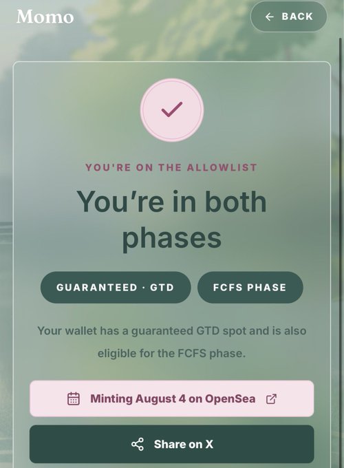 This image shows an "allowlist" confirmation for "Momo" with a guaranteed GTD spot and eligibility for the FCFS phase, with minting scheduled for August 4 on OpenSea. The accompanying post confirms excitement for minting @cutemikaasa, thanking @tessonchain for the allocation to @Lilstarrrs holders.