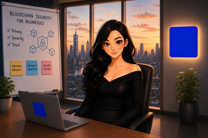 The image shows a woman sitting at a desk using a laptop, which appears to be an advertisement for blockchain security solutions. The woman has long hair and is dressed in black clothing. She is positioned behind a desk with a window that offers a view of a city skyline. The background features a whiteboard displaying the text "Time to Make blockchain secure for all businesses". This suggests that the image promotes the idea of making use of blockchain technology to enhance security measures within businesses, particularly in terms of data privacy and protection from cyber threats.