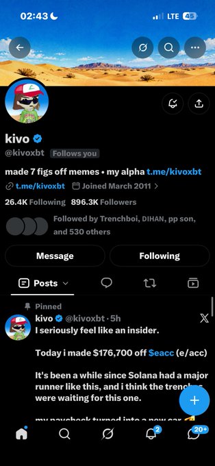 A mobile screenshot of a social media profile for 'kivo' (@kivoxbt) showing a desert landscape profile picture and a pinned post stating 'Today i made $176,700 off Seacc (e/acc)'.