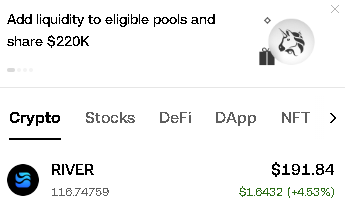 A cryptocurrency tracking app displaying the token 'RIVER' priced at $191.84 with a 4.53% increase, along with a banner offering to add liquidity to eligible pools and share $220K.