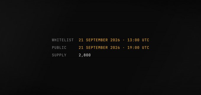 Black screen showing cryptocurrency/NFT mint details: WHITELIST 21 SEPTEMBER 2026 · 13:00 UTC, PUBLIC 21 SEPTEMBER 2026 · 19:00 UTC, SUPPLY 2,800.